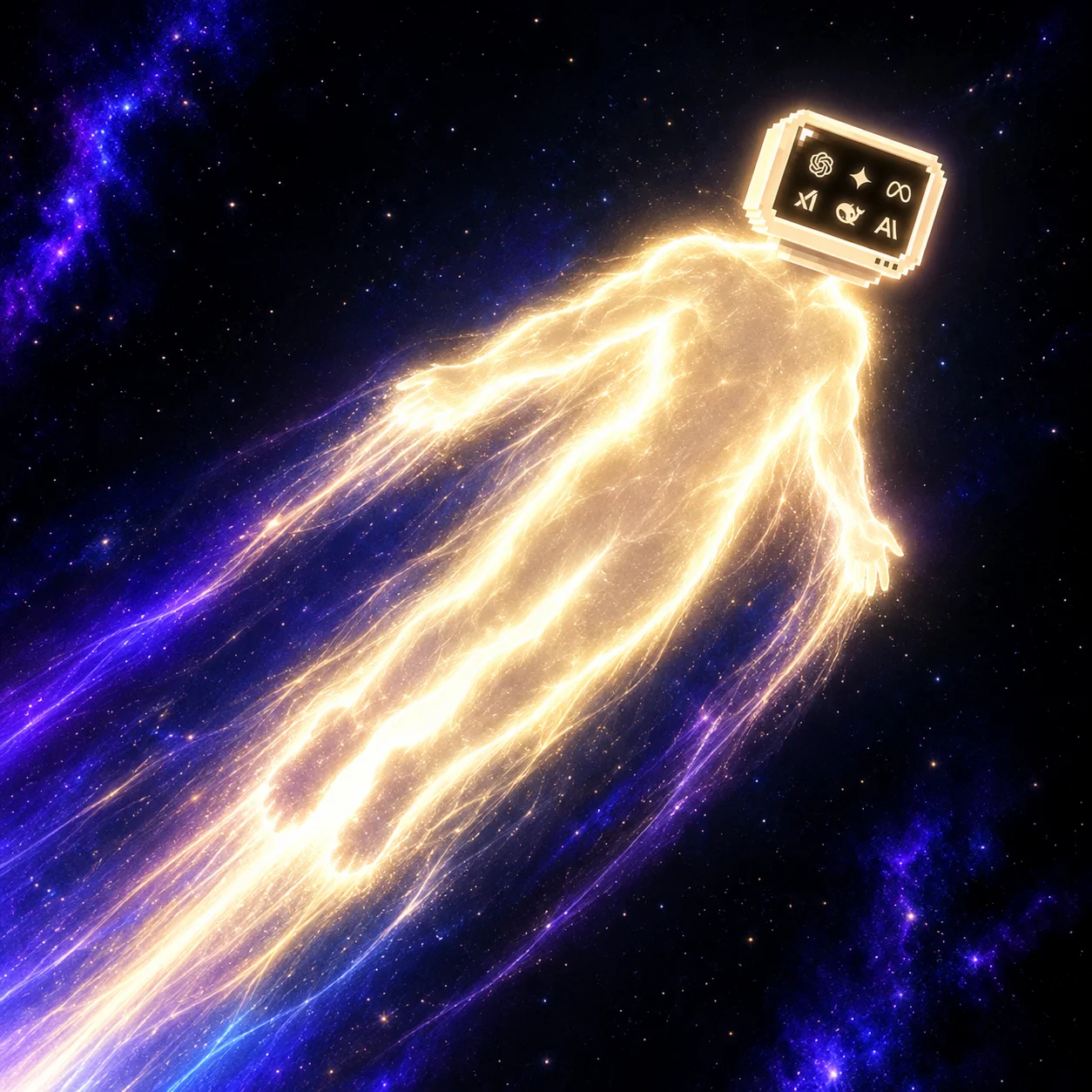 agency/acc: a body of golden light with a monitor head, flying through space